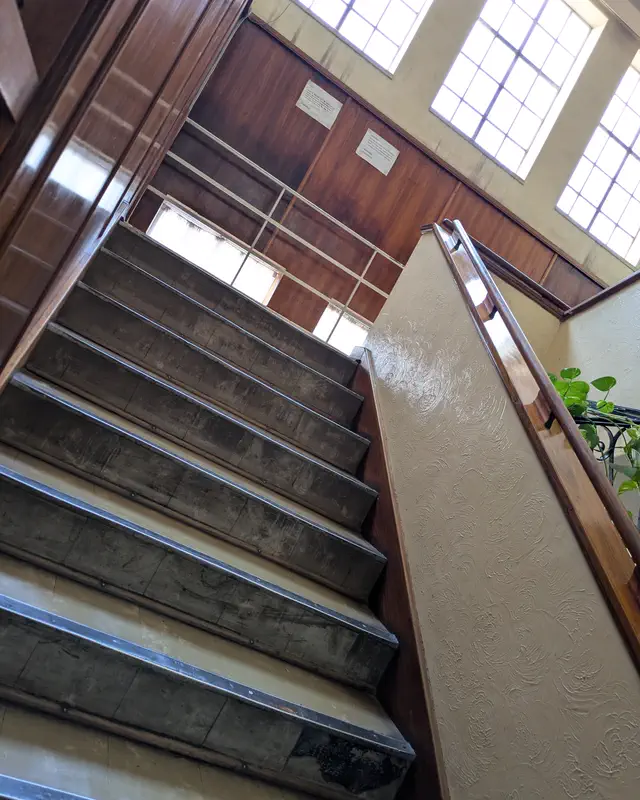 A wood-panelled stairwell lit by tall windows